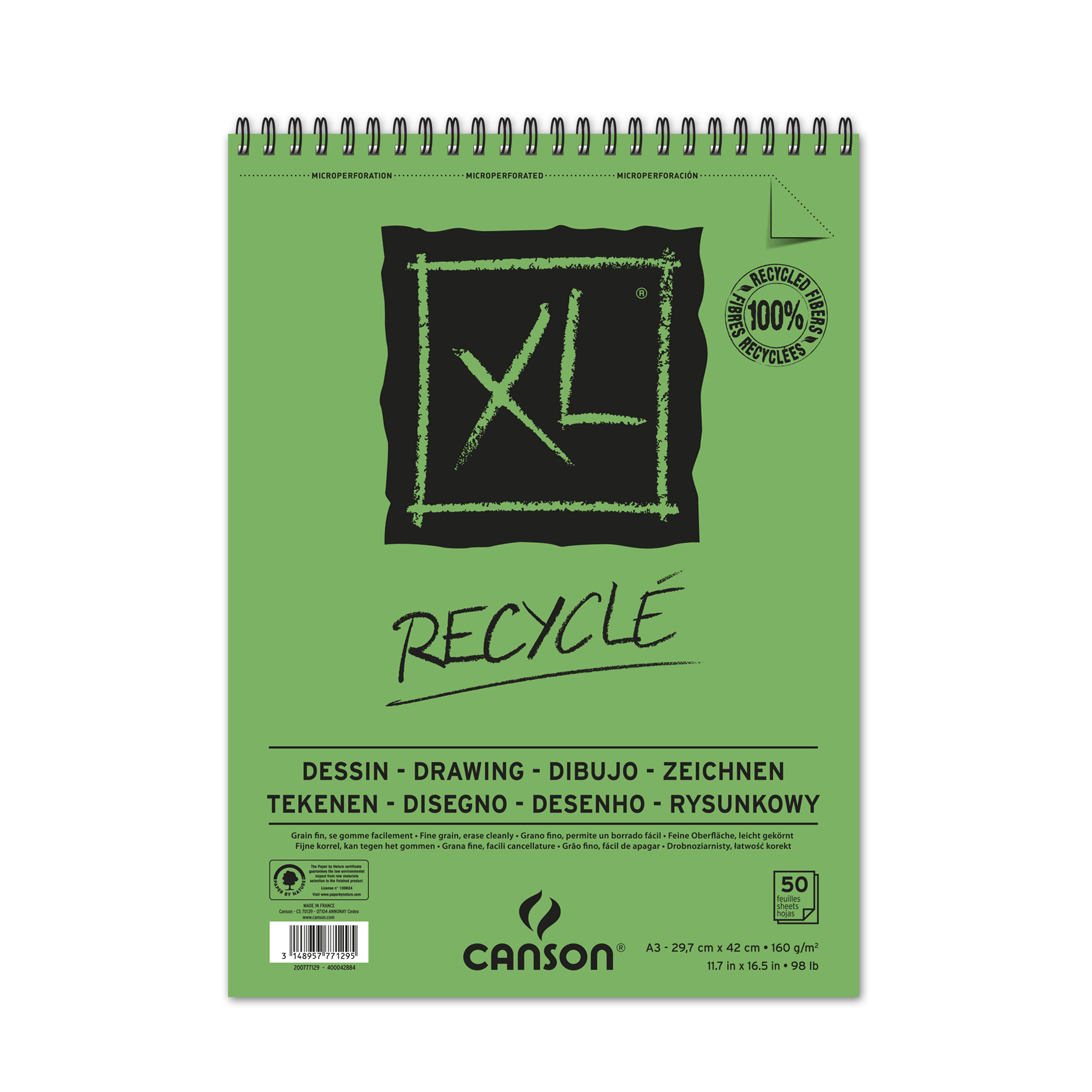 Canson XL Recycled 160G Album spiraled short side 50 sheets A3